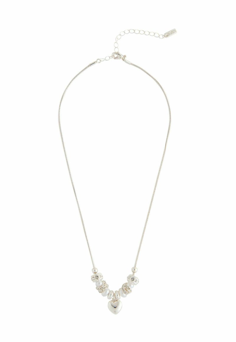 Hõbedane kaelakee, millel on südame ripats, mitmed ümmargused helmestest ja dekoratiivsed aksessuaarid. Sujuv disain peene ahelaga ja reguleeritava pikkusega.