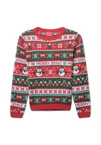 Czerwony sweter świąteczny z dzianiny, ozdobiony zielonymi, białymi i różowymi wzorami, w tym bałwankami, drzewkami i napisem "WESOŁYCH ŚWIĄT". Z okrągłym dekoltem.