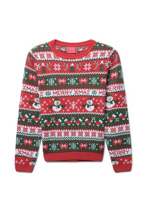 Maglione di Natale rosso lavorato a maglia con motivi verdi, bianchi e rosa, tra cui pupazzi di neve, alberi e la scritta "MERRY XMAS". Design con scollo a girocollo.