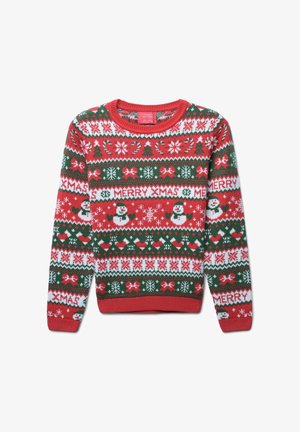 Maglione di Natale rosso lavorato a maglia con motivi verdi, bianchi e rosa, tra cui pupazzi di neve, alberi e la scritta "MERRY XMAS". Design con scollo a girocollo.