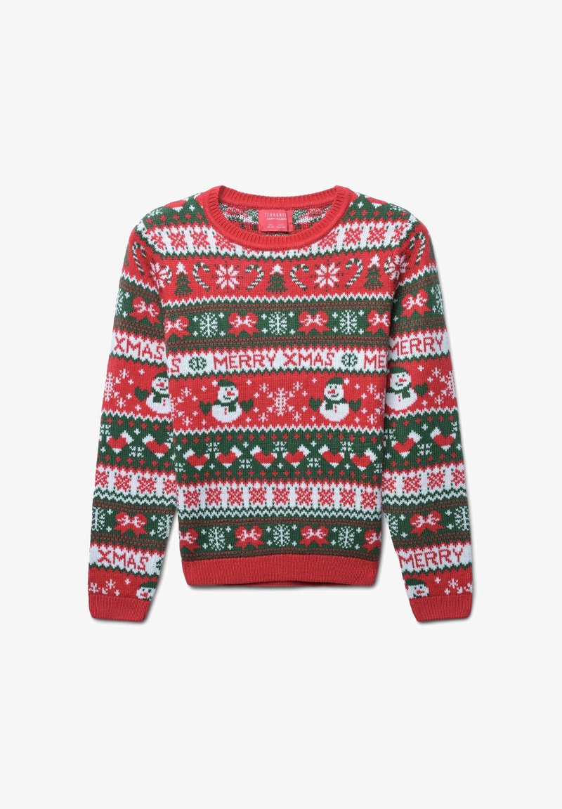 Czerwony sweter świąteczny z dzianiny, ozdobiony zielonymi, białymi i różowymi wzorami, w tym bałwankami, drzewkami i napisem "WESOŁYCH ŚWIĄT". Z okrągłym dekoltem.