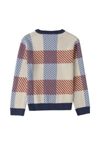 Maglione con collo rotondo, realizzato in morbido tessuto a maglia. Presenta un motivo a scacchi nei colori crema, blu e rosso, con polsini e orlo a coste in navy.