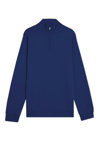 Maglione blu navy con mezza cerniera, maniche lunghe, polsini e orlo a coste. Presenta un logo ricamato, una texture liscia e un design minimalista.