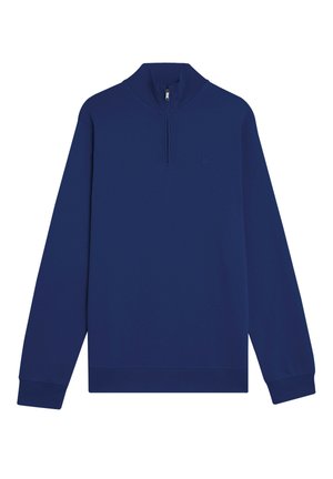 Temno modra majica z dolgimi rokavi in zadrgo do polovice, rebrastimi robovi na manšetah in spodnjem robu. Ima vezen logotip, gladko teksturo in minimalističen dizajn.