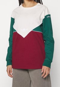 Långärmad sweatshirt med en färgblockdesign i vita, gröna och burgundiska paneler, samt en broderad logotyp på bröstet.