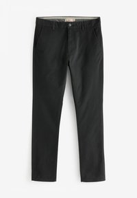 Chino noirs en tissu mélangé coton. Caractéristiques : taille plate, deux poches latérales, fermeture par bouton et design à jambe droite.