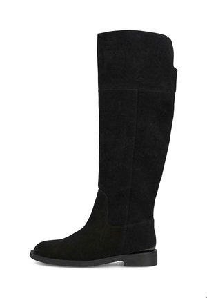 Black suede knee-high boot with a rounded toe, flat heel, and smooth texture. Features a clean silhouette and minimal stitching details.
