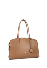 Sac à main Lancaster Paris en cuir fauve avec double poignée, fermeture éclair et petite étiquette en cuir suspendue.