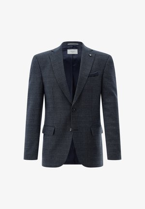 Dunkelblauer Blazer aus strukturiertem Stoff, mit zwei Taschen, einer Ein-Knopf-Verschluss und einem subtil gemusterten Futter. Mit einem Spitzrevers.