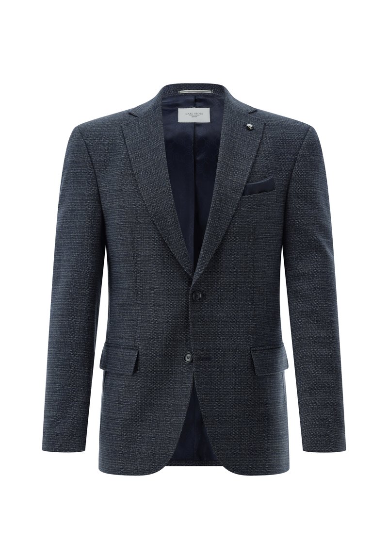 Dunkelblauer Blazer aus strukturiertem Stoff, mit zwei Taschen, einer Ein-Knopf-Verschluss und einem subtil gemusterten Futter. Mit einem Spitzrevers.