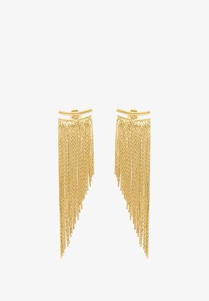 Auksinės spalvos auskarai su pakabinamais ornamentais, pagaminti iš susipynusių grandinėlių. Iškilusių kreivų juostelių akcentas viršuje. Metalinis paviršius, išryškinantis tekstūruotą išvaizdą.