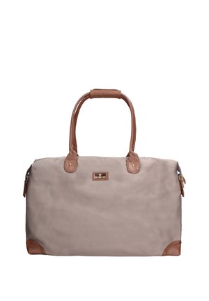 Borsa da viaggio rettangolare beige con manici in pelle marrone, rinforzi agli angoli e etichetta centrale del marchio sul lato frontale.