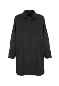Cappotto nero a spina di pesce con collo, cinque bottoni e due tasche laterali. Presenta una vestibilità rilassata e un tessuto testurizzato con maniche a cappotto.
