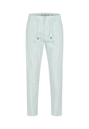 Lichtblauwe slim-fit broek met witte verticale strepen en een witte trekkoord in de tailleband, voorzien van een knoop en ceintuurlussen.