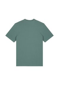 Katoenen T-shirt in gedempt groen, korte mouwen, ronde hals, gladde textuur, geen graphics of versieringen, eenvoudige achterkant.