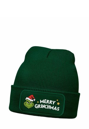 Green knit beanie with a folded cuff, featuring a patch with a Grinch character and "MERRY GRINCHMAS" text in white and yellow accents.