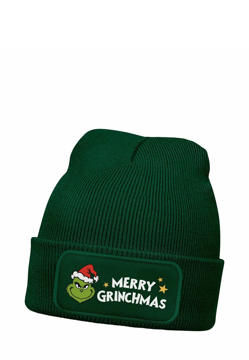 Green knit beanie with a folded cuff, featuring a patch with a Grinch character and "MERRY GRINCHMAS" text in white and yellow accents.