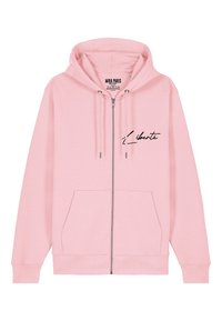Felpa con zip di colore rosa chiaro, realizzata in misto cotone, con tasca frontale, cappuccio con cordino e la scritta "Liberté" stampata in nero sul petto.