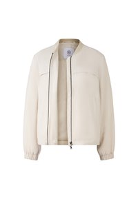 Jasna kremowa bomberka z okrągłym kołnierzem, zamkiem błyskawicznym i kieszeniami bocznymi. Gładki materiał z elastycznymi mankietami i czystym fasonem.