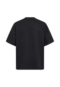 Sort bomulds T-shirt med løs pasform, korte ærmer og rund halsudskæring. Glat tekstur uden synlige mønstre eller detaljer.
