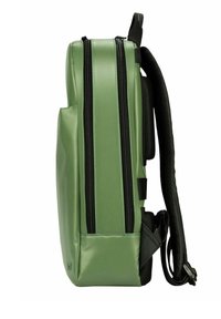 Sac à dos vert avec une finition texturée, double fermeture éclair noire, dos rembourré et bretelles réglables, conçu pour le confort et l'utilité.