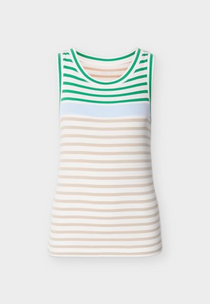 Sleeveless knit top with green and white stripes at the top, a light blue band, and beige and white horizontal stripes on the body.