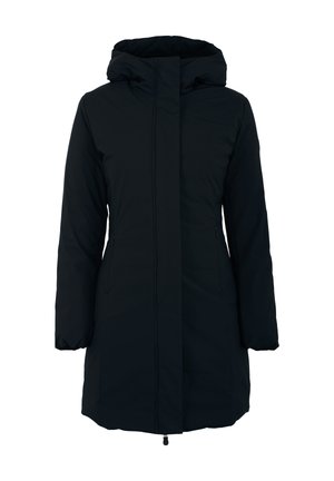 Parka nera fino al ginocchio con cappuccio, realizzata in un materiale liscio e resistente all'acqua. Presenta tasche laterali e una chiusura con zip davanti.
