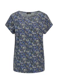 Blauw en groen gestippeld T-shirt met korte mouwen, een zachte textuur en een ronde halslijn. Heeft een ingewikkeld ontwerp over het hele shirt.