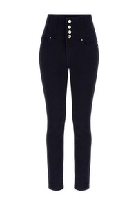 Džíny s vysokým pasem v tmavě modré barvě s přiléhavým střihem, pěticípým zapínáním a dvěma předními kapsami. Hladká denimová textura s minimálními akcenty.