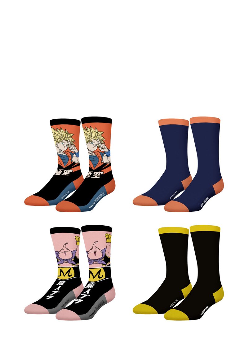 Quatre paires de chaussettes : en haut à gauche, un design orange et noir avec un personnage, une paire unie bleu et orange, une paire avec un design rose et noir, et une paire noire avec des accents jaunes.