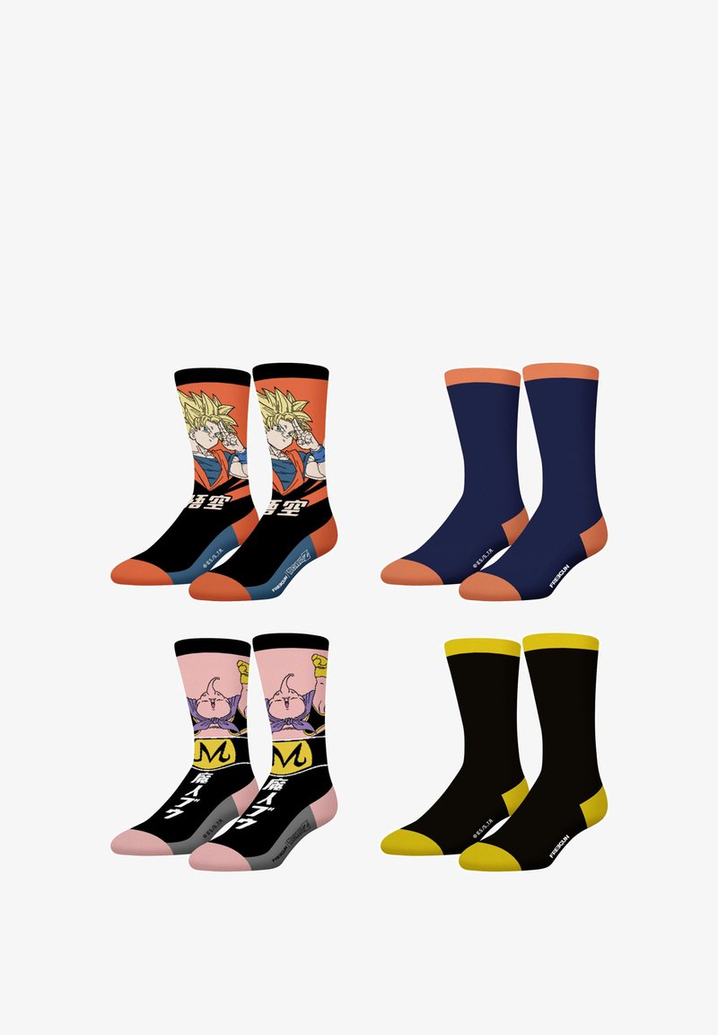 Quatre paires de chaussettes : en haut à gauche, un design orange et noir avec un personnage, une paire unie bleu et orange, une paire avec un design rose et noir, et une paire noire avec des accents jaunes.