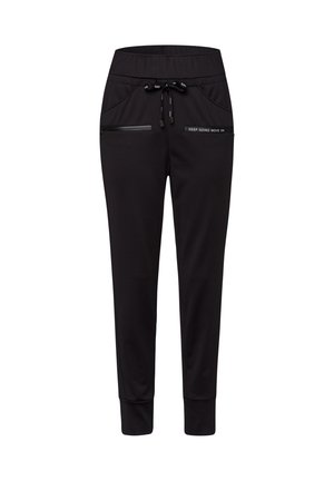 Black jogger pants with elastic waistband, drawstring closure, side pockets, and a small printed accent on the front. Smooth fabric texture.