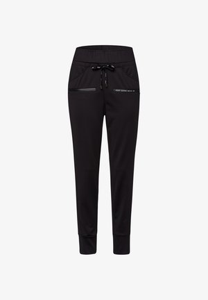 Black jogger pants with elastic waistband, drawstring closure, side pockets, and a small printed accent on the front. Smooth fabric texture.