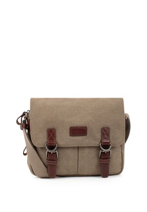 Sac messager en toile beige avec bandoulière réglable, sangles en cuir marron avec boucle et détails en anneau métallique sur le rabat avant.