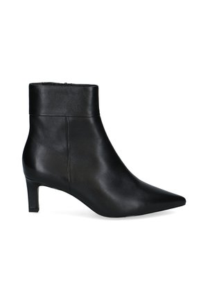 Black leather ankle boot with a pointed toe, side zipper, and a medium slim heel against a white background.
