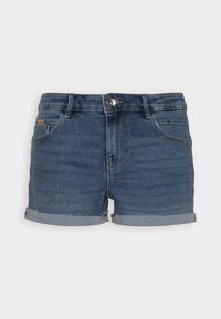 Tummansinisiä farkkushortsit, joissa on sileä pinta, käännetyt lahkeet, etunappisuljenta ja huomaamattomat ompeluyksityiskohdat.