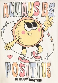 Die Grafik zeigt eine cartoonhafte Sonne mit großen Augen, rosigen Wangen und einem Friedenszeichen. Der Text lautet "Always Be Positive" in bunten Buchstaben.