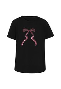 Sort kortærmet t-shirt med et pink glitrende sløjfedesign i midten, der har en rund halsudskæring og en afslappet pasform.