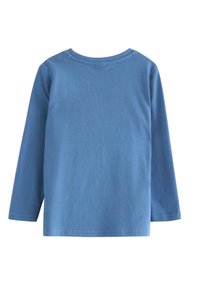 En simpel langærmet T-shirt med rund hals i lyseblå, vist fladt med bagsiden vendt fremad, på hvid baggrund.