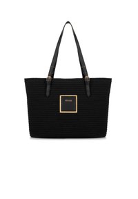 Borsa a spalla in tessuto nero con texture a righe orizzontali, doppi manici in pelle, accessori in tonalità oro e dettaglio con placca frontale.