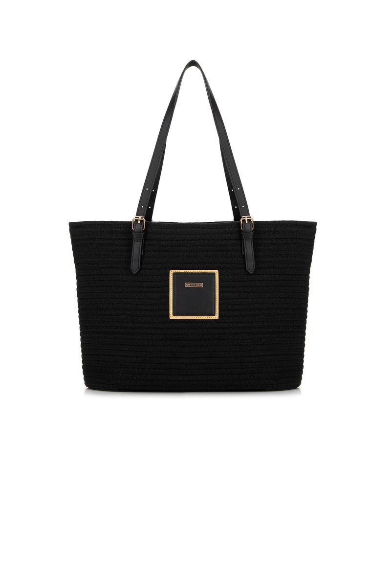 Borsa a spalla in tessuto nero con texture a righe orizzontali, doppi manici in pelle, accessori in tonalità oro e dettaglio con placca frontale.