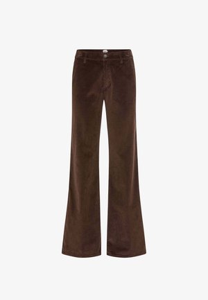 Braune Corduroy Schlaghosen mit vertikaler Rippstruktur, mit einem Frontknopfverschluss und klassischem Fünf-Taschen-Design.