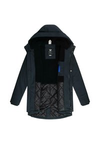 Veste zippée bleu marine avec capuche, doublure noire matelassée et intérieur en velours. Comprend des boutons-pression et une étiquette dans la poche intérieure.