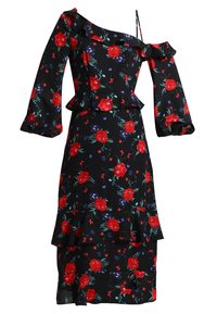 Svart midiklänning med röd blommig tryck, långa puffärmar, enaxlad rufsig halsringning, peplummidja och lager av ruffs i nederkant.