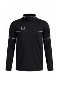 Zwarte langoefen shirt met een ritssluiting in de hals, witte accenten over de borst en mouwen, en het Under Armour-logo in het wit. Soepele stof.
