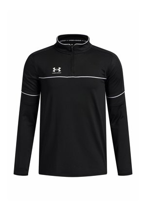 Black long-sleeve shirt featuring a zippered neck, white accents across the chest and sleeves, and Under Armour logo in white. Smooth fabric.