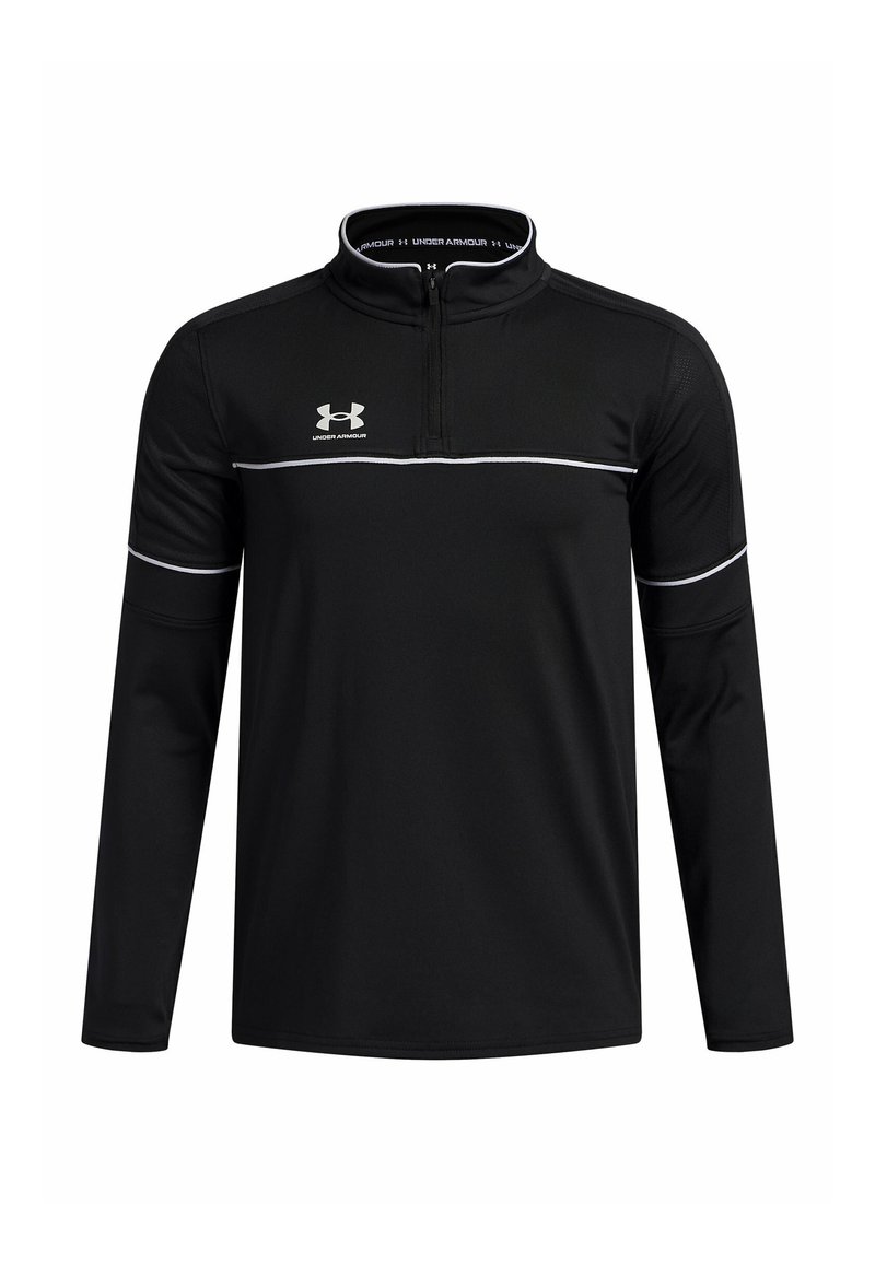 Zwarte langoefen shirt met een ritssluiting in de hals, witte accenten over de borst en mouwen, en het Under Armour-logo in het wit. Soepele stof.