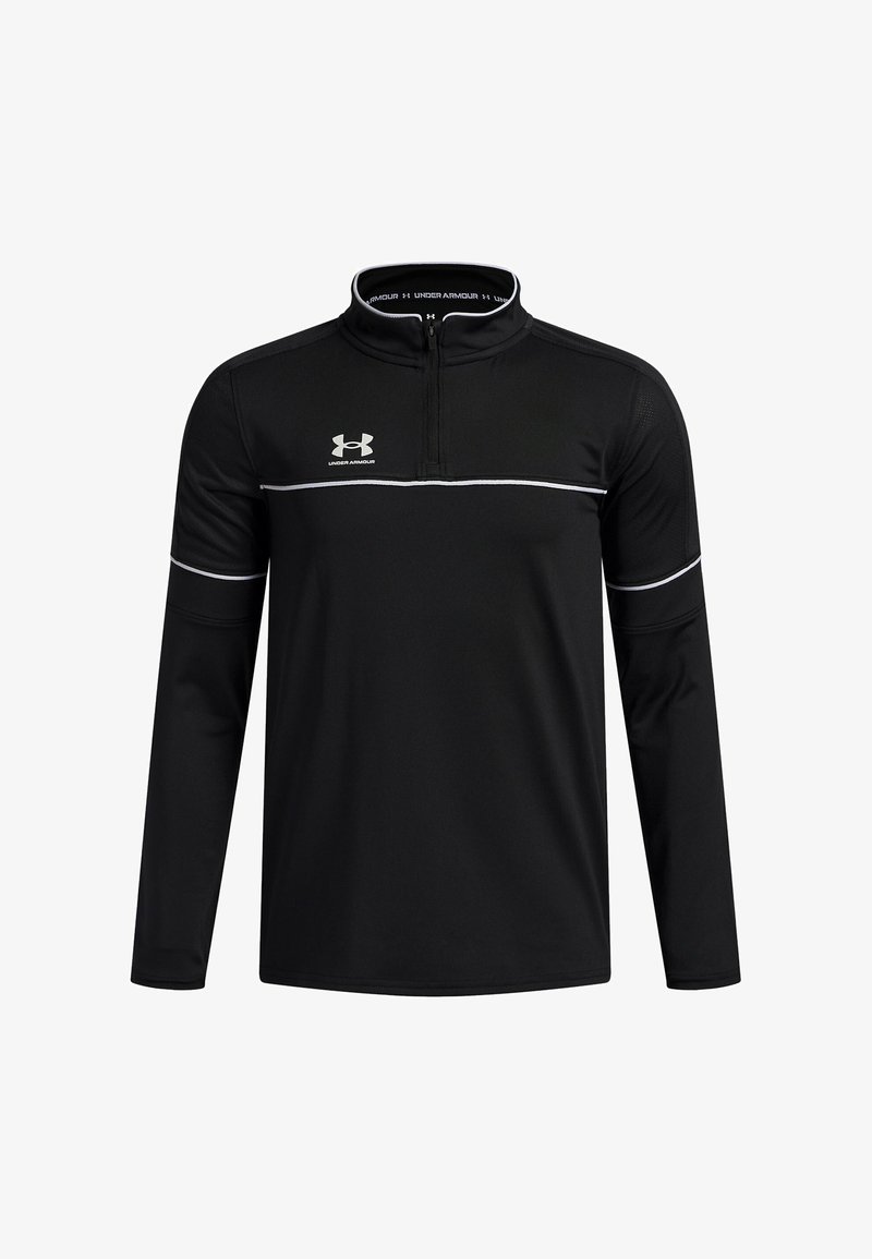 Must mustahvari pika varrukaga särk, millel on lukuga kaelus, valged aktsendid rinna ja varrukate ümber ning valge Under Armouri logo. Sile kangas.