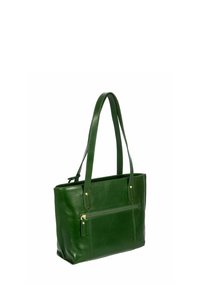 Sac fourre-tout en cuir vert avec deux anses, forme rectangulaire, poche zippée à l'avant et texture lisse. Accents en métal doré présents.