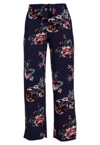 Floral wide-leg trousers in navy, featuring pink and cream flowers. Made from lightweight fabric with a tied waistband detail.